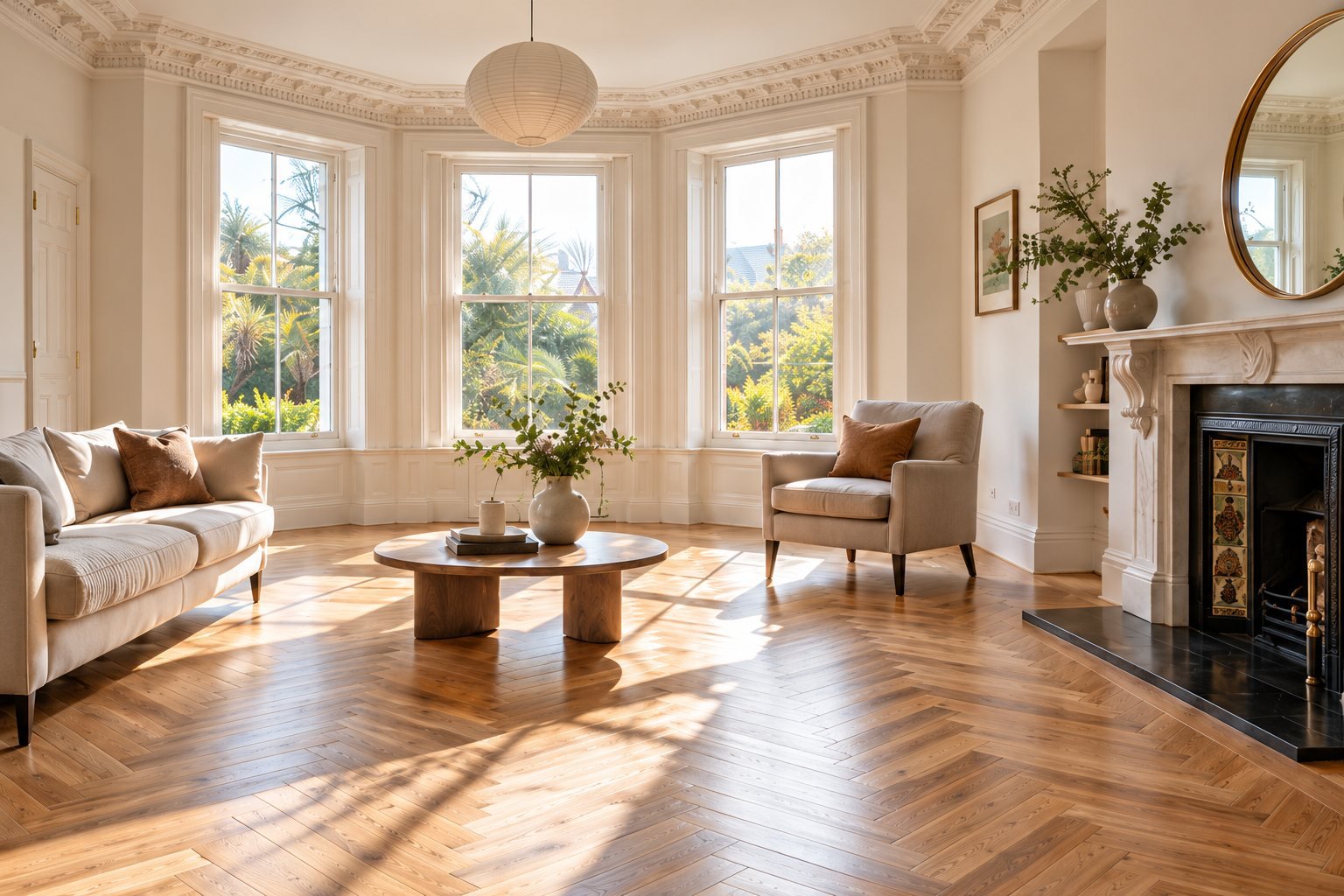Sunlit period living room with a restored herringbone parquet floor